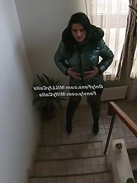 Down jacket erotic with spanking blowjob and masturbation sex in bed